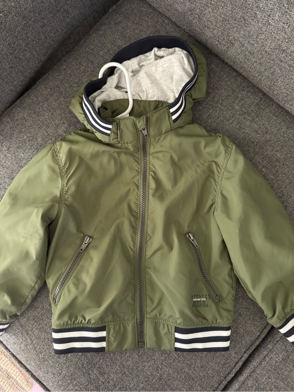 H&M Olive Hooded Kids Windbreaker with Striped Trim